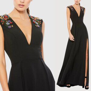 Mac Duggal 26540 Womens Size 6 Black Floral Beaded V Neck A Line Gown Maxi Dress